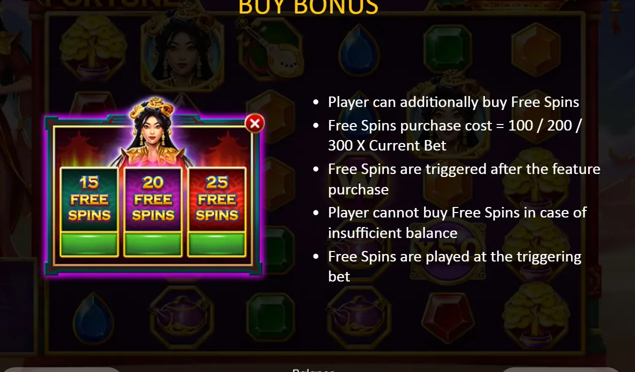 Lady Fortune rules screen on buying the bonus: free spins for 100, 200 or 300 times the current bet