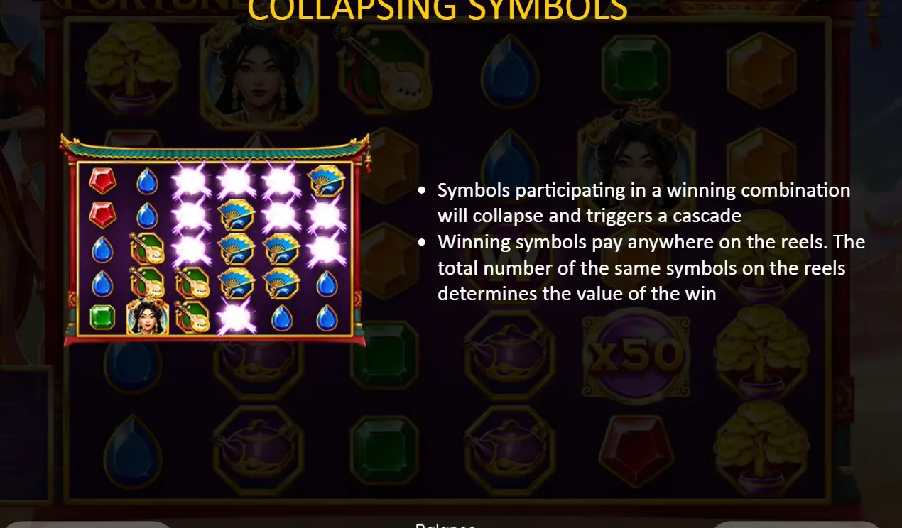 Lady Fortune rules screen on collapsing symbols: the winning fans burst and new symbols drop into the gaps