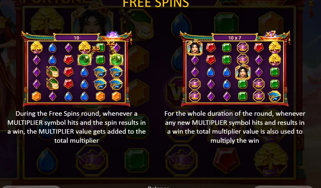 Lady Fortune rules screen: during free spins the multiplier value is added to the round total, shown as 10 and then 10 x 7